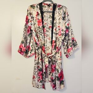 VTG Linea Donatella Sz M Silky Satin Belted Robe Cheetah/Floral Lace Trim Pink